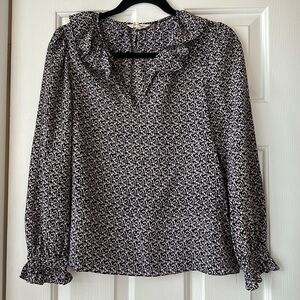 Rebecca Taylor 100% silk black and white printed top ruffle collar size 4